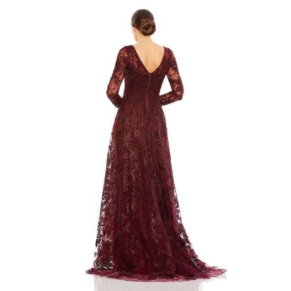 NWT Mac Duggal Embellished Illusion Gown Dress Long Sleeve Maroon Plus Size 18 - Picture 2 of 13